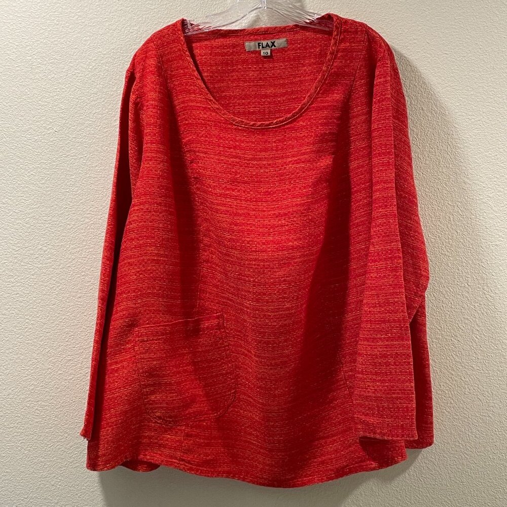 FLAX Red Linen Long Sleeve Textured Unstructured Pull On Tunic Top Women 18-22